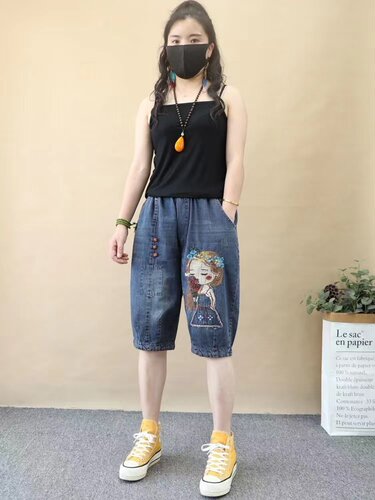 薄款五分牛仔裤女夏胖mm大码宽松显瘦刺绣哈伦裤小个子休闲六分裤 - 图2