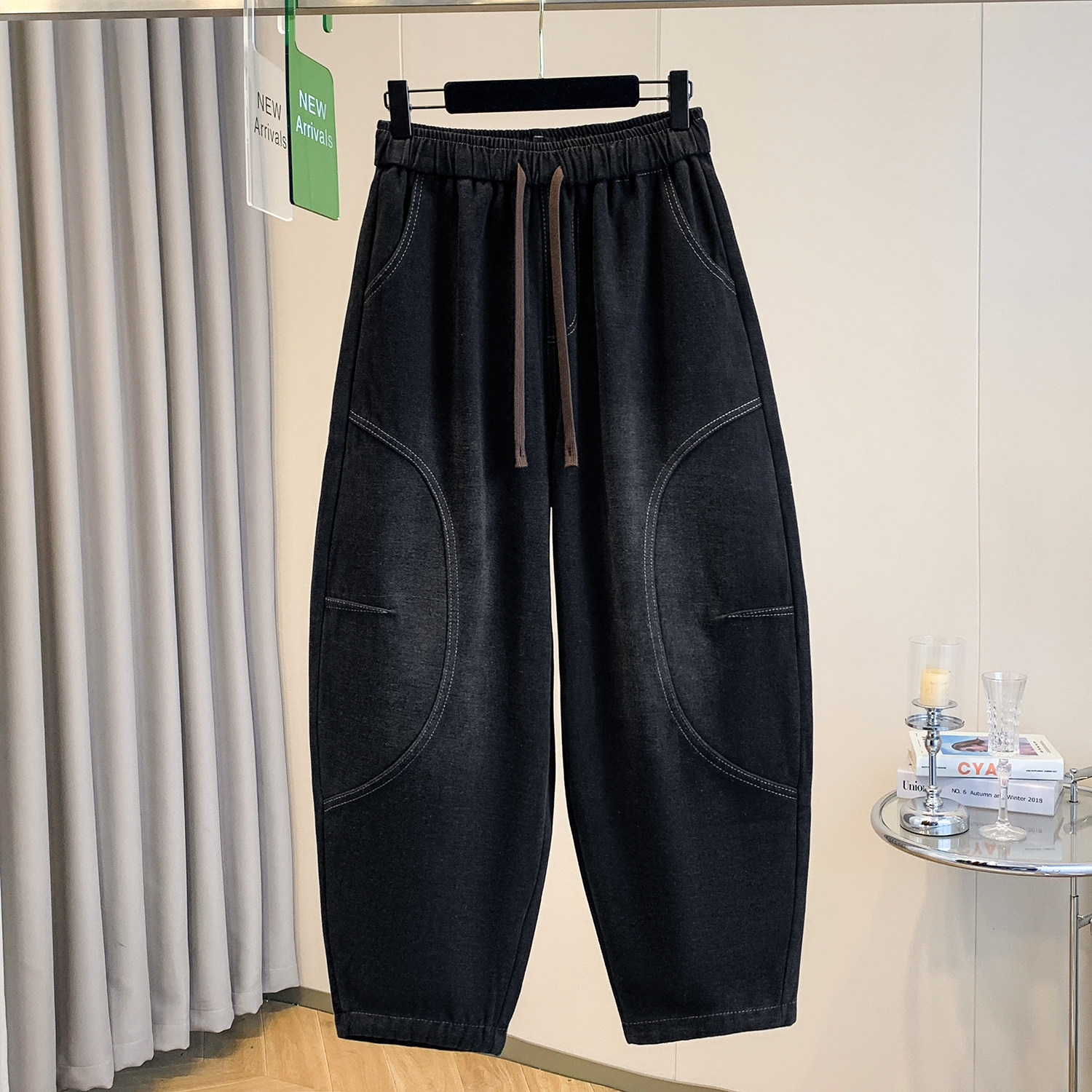 秋冬新款文艺复古加绒加厚牛仔裤女松紧腰大码宽松显瘦黑色哈伦裤,淘宝优惠券,粉丝福利购,淘宝优惠卷