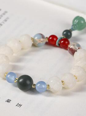 白玉菩提精雕小莲花珠森系文艺风女仙气单圈手链原创玉石小莲蓬坠