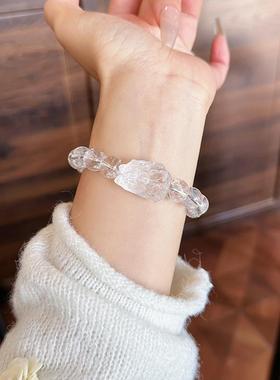 天然白水晶手链女白色雪花水晶