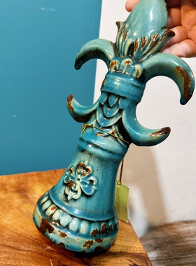外贸孤品 vintage美式复古做旧绿釉鸢尾花陶瓷摆件