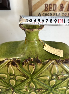 外贸样品美式复古立体浮雕菱形花纹陶瓷花瓶法式做旧裂纹釉花器