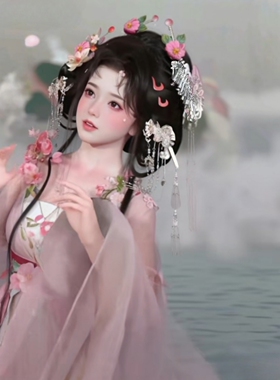 倾心原创桃子浆果毛绒粉色花朵发夹可爱发饰古风头饰发簪银色步摇