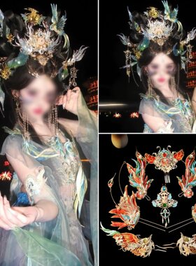 汉服头饰凤凰精卫神女红色羽毛发饰发簪古风发冠配饰重工公主发饰