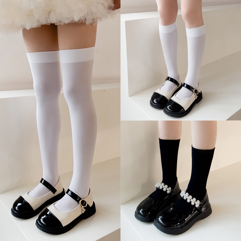 黑白色长筒袜夏季薄款女童中筒袜男孩学院风运动小腿袜女童过膝袜-图0