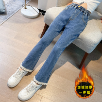 Girl Jeans Autumn Winter Clothing Foreign Gas Plus Suede Thickened Children CUHK Pants Girls Lace Winter Horn Pants