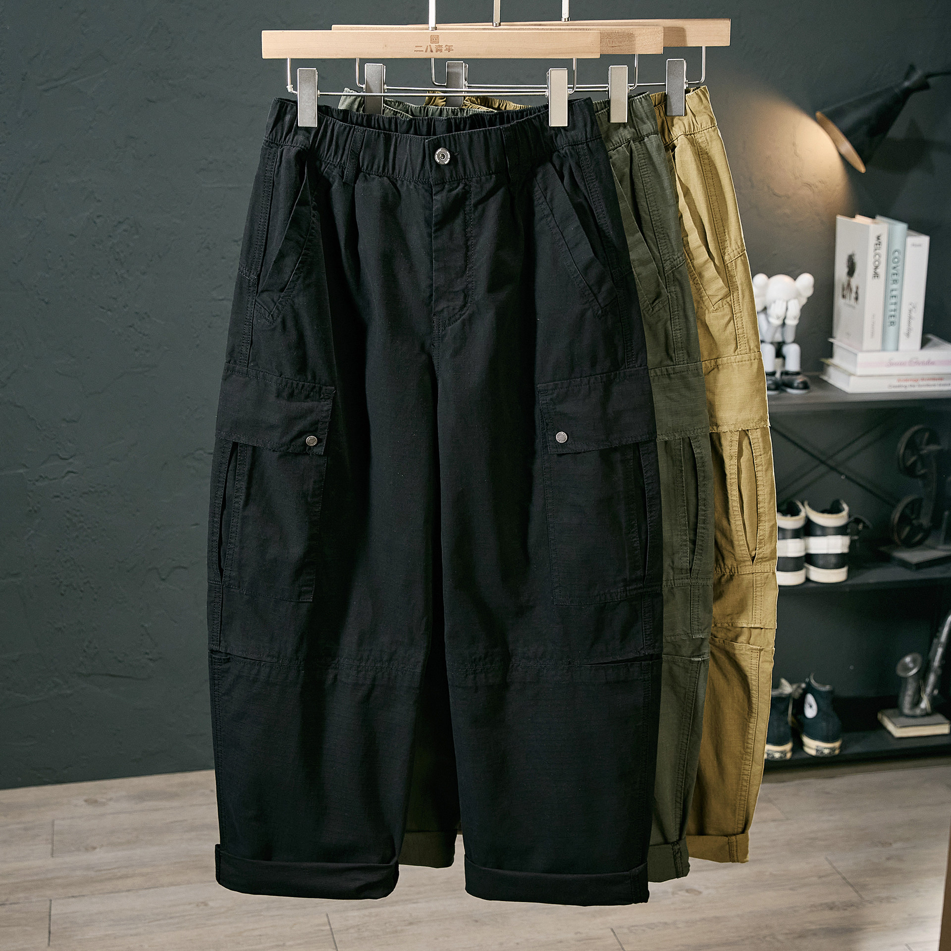 秋季新款纯棉复古工装裤男潮流百搭纯色宽松多口袋阔腿直筒休闲裤,淘宝优惠券,粉丝福利购,淘宝优惠卷