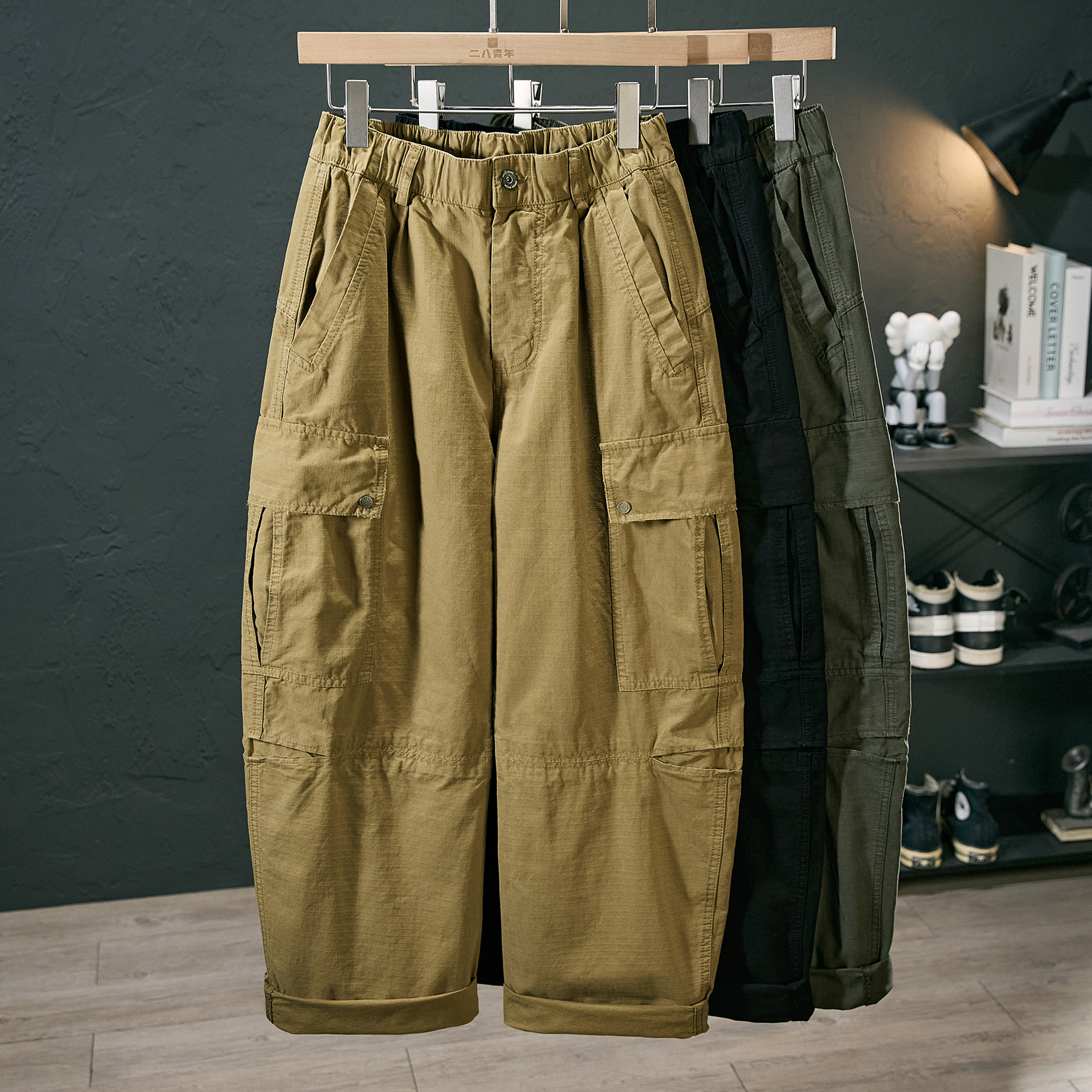 秋季新款纯棉复古工装裤男潮流百搭纯色宽松多口袋阔腿直筒休闲裤,淘宝优惠券,粉丝福利购,淘宝优惠卷