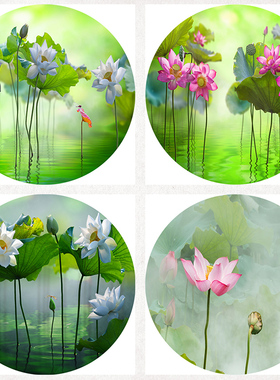 圆形摄影荷花超高清客厅餐厅装饰画加厚防水防霉油画布卫生间挂画