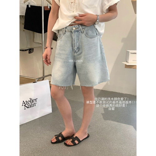 柠檬绿茶夏季洋气复古毛边水洗浅蓝宽松阔腿中裤牛仔短裤女HT-002 - 图2
