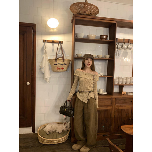 SEE YOU法式一字肩荷叶边复古杂色椰子扣显瘦小衫配腰带YS—3151C - 图0