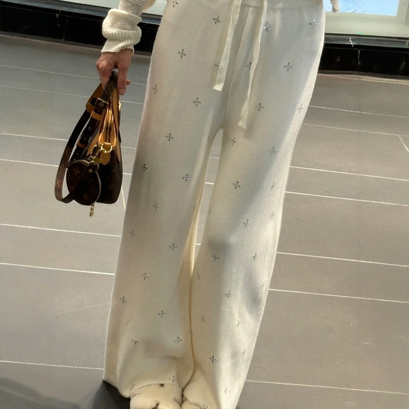 白色裤子韩系慵懒风闪钻阔腿针织糯米裤女大码胖mm显瘦休闲直筒裤,淘宝优惠券,粉丝福利购,淘宝优惠卷