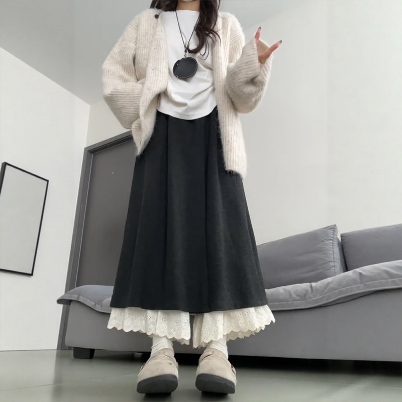 灰色糯米蕾丝花边拼接阔腿裙裤女冬季胖mm大码显瘦设计感a字裤裙,淘宝优惠券,粉丝福利购,淘宝优惠卷