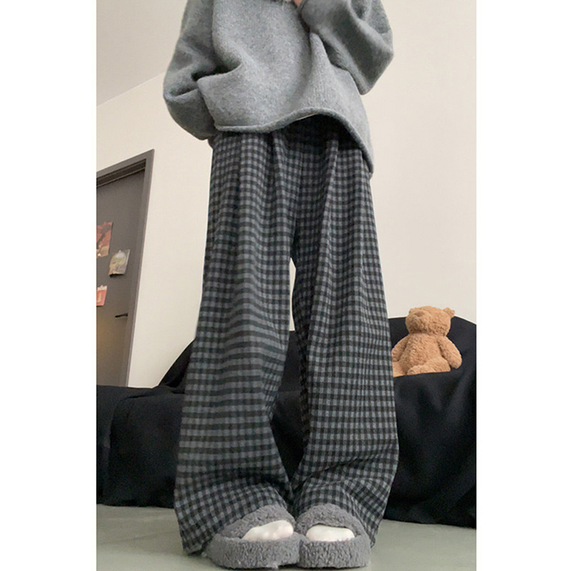 格雷系加绒黑灰色阔腿慵懒风格子裤子女秋冬季大码显瘦垂感休闲裤 - 图3