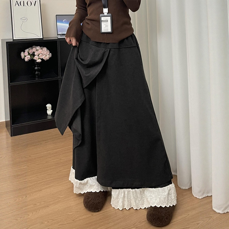 灰色蕾丝拼接花边阔腿裤子女款秋季大码胖mm显瘦a字糯米休闲裤裙,淘宝优惠券,粉丝福利购,淘宝优惠卷
