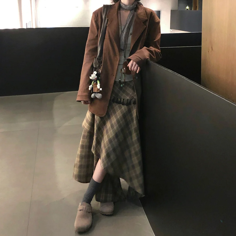 韩系慵懒风不规则格纹半身裙子女秋季胖mm大码显瘦美拉德a字伞裙 - 图0