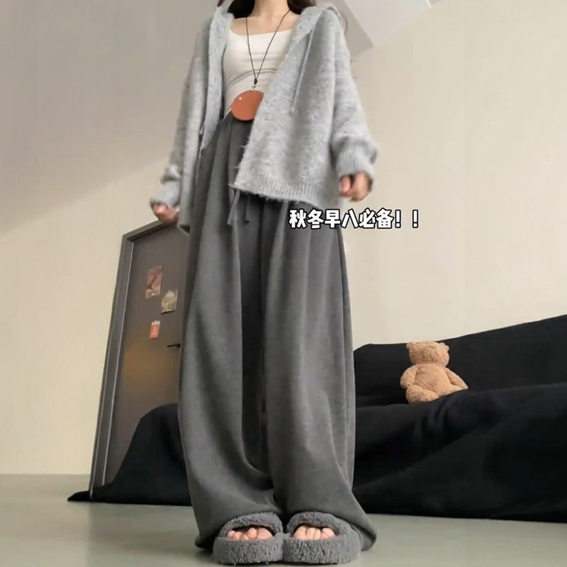 深灰色针织糯米裤子女款秋冬大码胖mm显瘦慵懒风软糯休闲阔腿长裤,淘宝优惠券,粉丝福利购,淘宝优惠卷