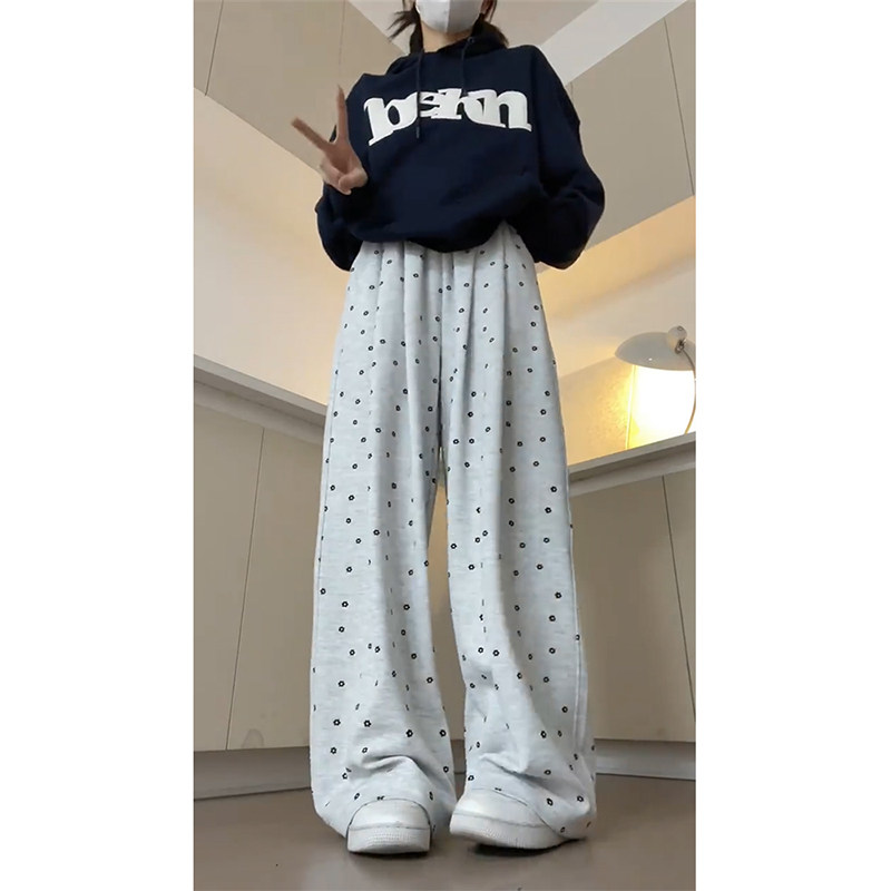 韩系白灰色碎花运动裤子女秋季大码胖mm高腰显瘦慵懒休闲阔腿卫裤,淘宝优惠券,粉丝福利购,淘宝优惠卷