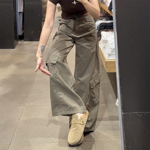 美式军绿色工装弯刀裤女酷飒风春季设计感大码胖mm阔腿休闲镰刀裤 - 图0
