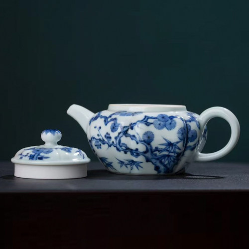 手绘青花松竹梅手工茶壶景德镇陶瓷功夫茶具个人家用高端送礼盒装 - 图3