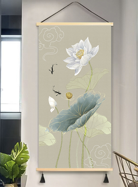 聚财九鱼荷花进门玄关走廊挂画装饰画布艺免打孔防水挂轴电表盒画