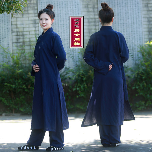 武当传统斜襟三清领亚麻道袍道衣道士服装男女太极服练功长款新品 - 图1