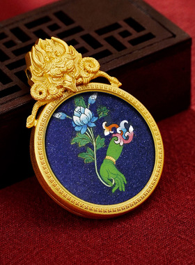 景区文创黄铜国风西藏大鹏鸟青金石岩砂唐卡画圆形嘎乌盒唐卡吊坠