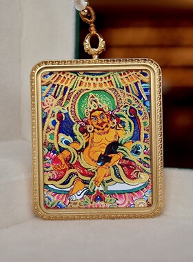 青海热贡手绘唐卡黄财神唐卡项链钢镀18k卡壳文创源头工厂