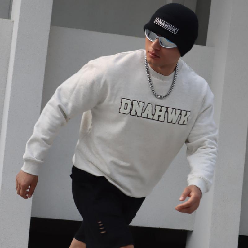 DNAHWK加绒加厚绣花保暖卫衣秋冬简约基础百搭字母毛巾绣套头上衣 - 图1