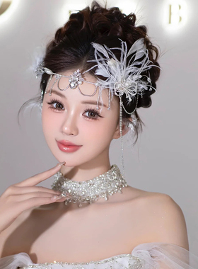 复古赫本盖茨比造型新娘结婚皇冠发箍羽毛发饰超仙女气质拍照配饰