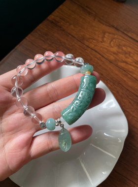天然a货翡翠万贯回文雕刻福弯管蟹钳925银天然白水晶转运圆珠手串