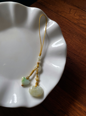 天然翡翠A货锁匙手机挂编绳黄翡如意锁平安扣甜甜圈包挂坠绳挂件