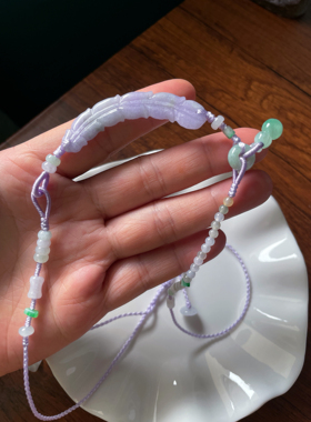 天然A货翡翠浅紫羽毛玉衡葫芦甜甜圈编织锁骨链可调节新中式项链