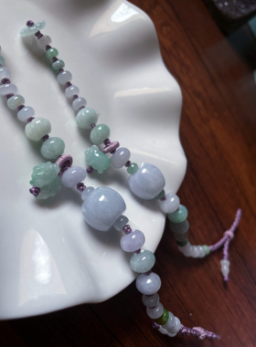 仙气的天然a货翡翠招财转好运冰浅紫路路通南瓜珠猫爪编织手串绳