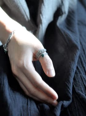 复古纯银羽毛戒指开口孔雀石指环