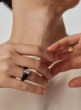 董洁同款黑色宝石戒指女