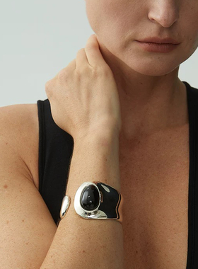 张悦儿同款黑玛瑙宽面开口手镯女