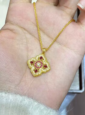 四叶草项链韦雪同款小红书刚玉国风电镀红轻奢真金镶钻吊坠女气质