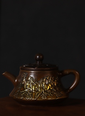 仿古黄铜八骏图小茶壶摆件办公室茶具复古功夫茶具泡茶壶中式礼品