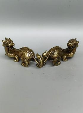 黄铜复古貔貅神兽麒麟纯铜一对客厅手把摆件茶宠镇尺家居摆件