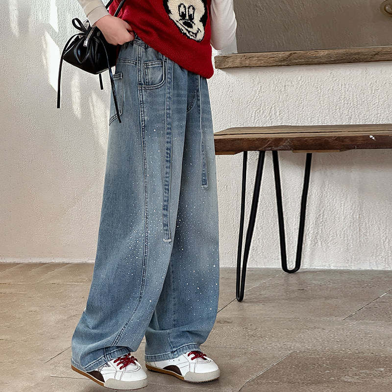 春秋女童阔腿牛仔裤烫钻洋气2026新款中大童百搭时尚长裤秋冬裤子,淘宝优惠券,粉丝福利购,淘宝优惠卷