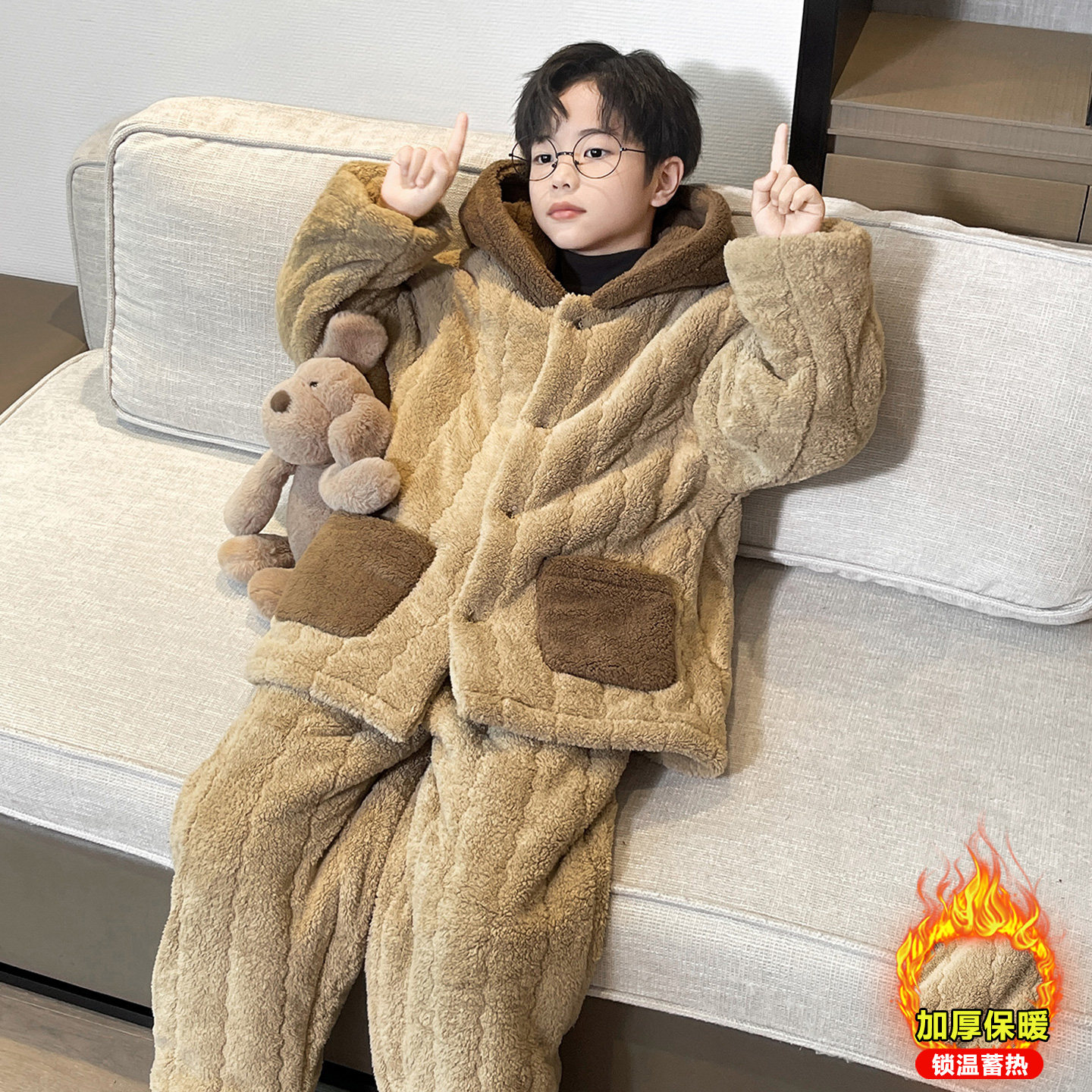 男童珊瑚绒睡衣冬季加厚保暖连帽家居服套装青少年加绒空调服外穿,淘宝优惠券,粉丝福利购,淘宝优惠卷