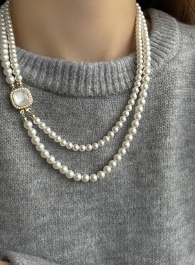 女双层长款珍珠毛衣链