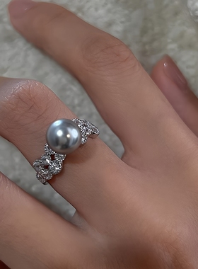 轻奢锆石施家珍珠戒指高级感气质指环食指戒新款