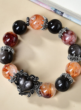 天然水晶银曜石红胶花爱