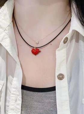 天然朱砂爱心锁骨链红吊