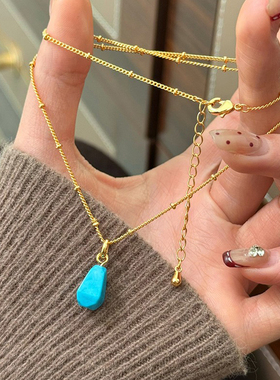 新款欧美时尚蓝色松石水滴吊坠项链简约高级感气质百搭复古锁骨链