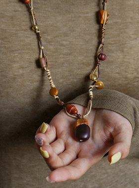 缅茄果长款项链复古时尚精致虎眼石轻奢小众高级感手工编绳毛衣链