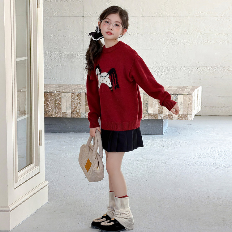女童红色毛衣2026新款马年本命年卡通小马图案新年毛线衣 - 图2