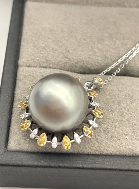 出口日本纯银镀铂金超大点位14.6mm正圆轻微瑕天然海水大溪地吊坠